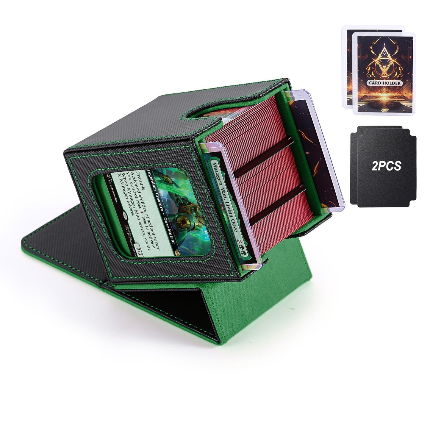 Commander Deck Box for MTG with double display windows,Card Storage Box Fits 120+ Single sleveed Cards,Magnetic Card Box with 2 Dividers&2 Toploaders for TCG Black/Green