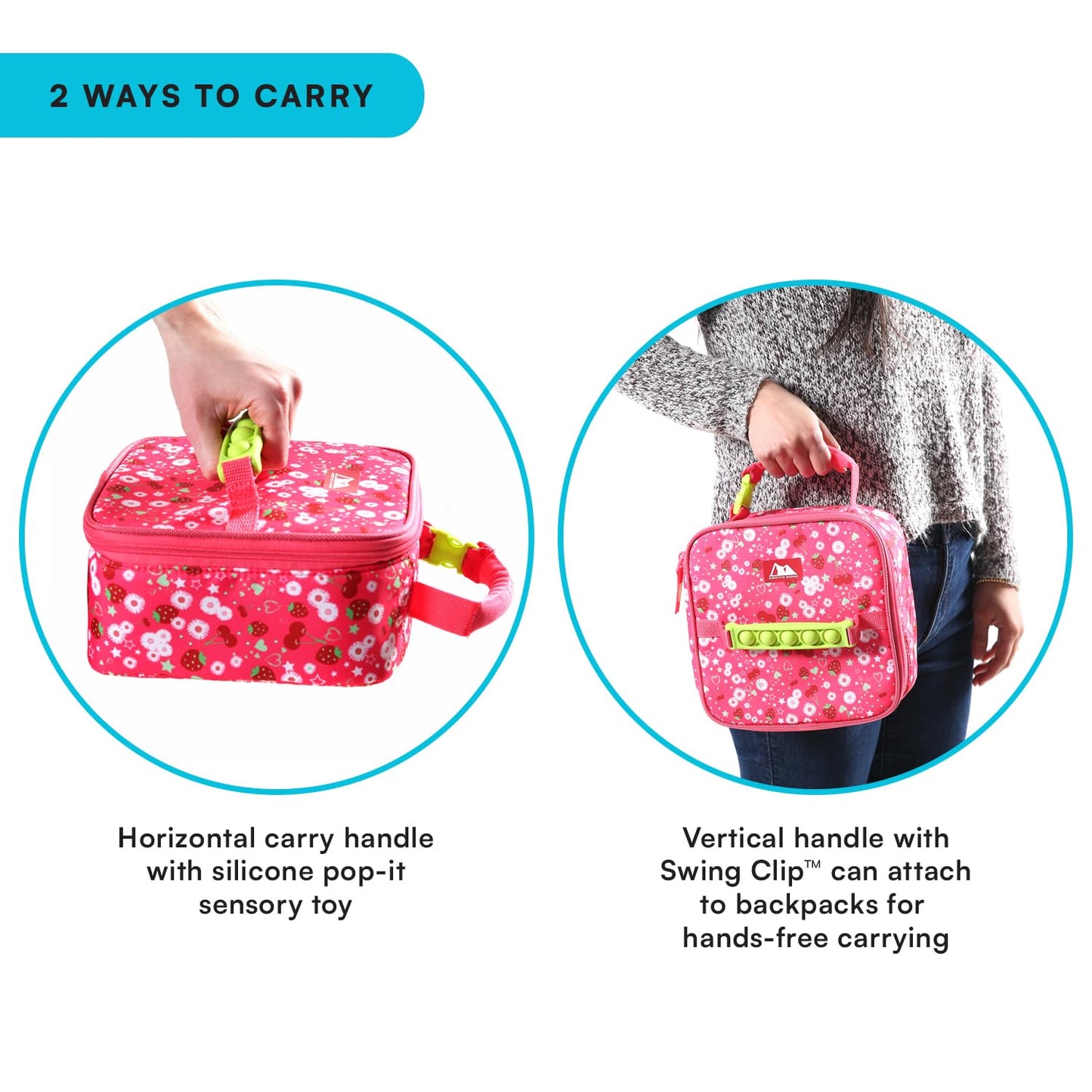 Arctic Zone Kids Lunch Box Combo with Gel Ice Pack and Sandwich Container, Insulated Bag for Travel Lunch, Sensory Fidget Handle, Very Berry Cherry