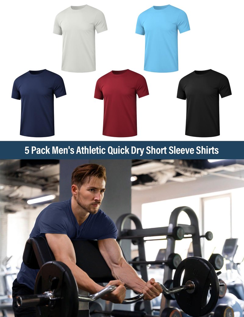 HOPLYNN 5 Pack Men's Dry Fit Workout Gym T Shirts, Short Sleeve Active Running Athletic Tee Tops 1 Black 1 Blue 1 Gray 1 Navy Blue 1 Wine XX-Large