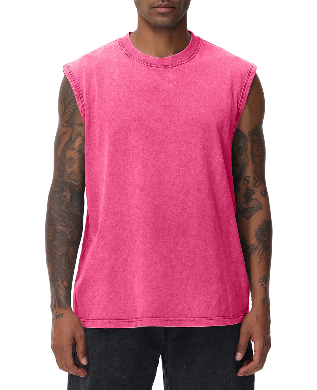 SnowElve Mens Workout Tank Tops Sleeveless Tee Shirts Men Muscle Shirt Gym Acid Wash T Shirts Running Beach Loose Fit Tee(PK,XL) Pink