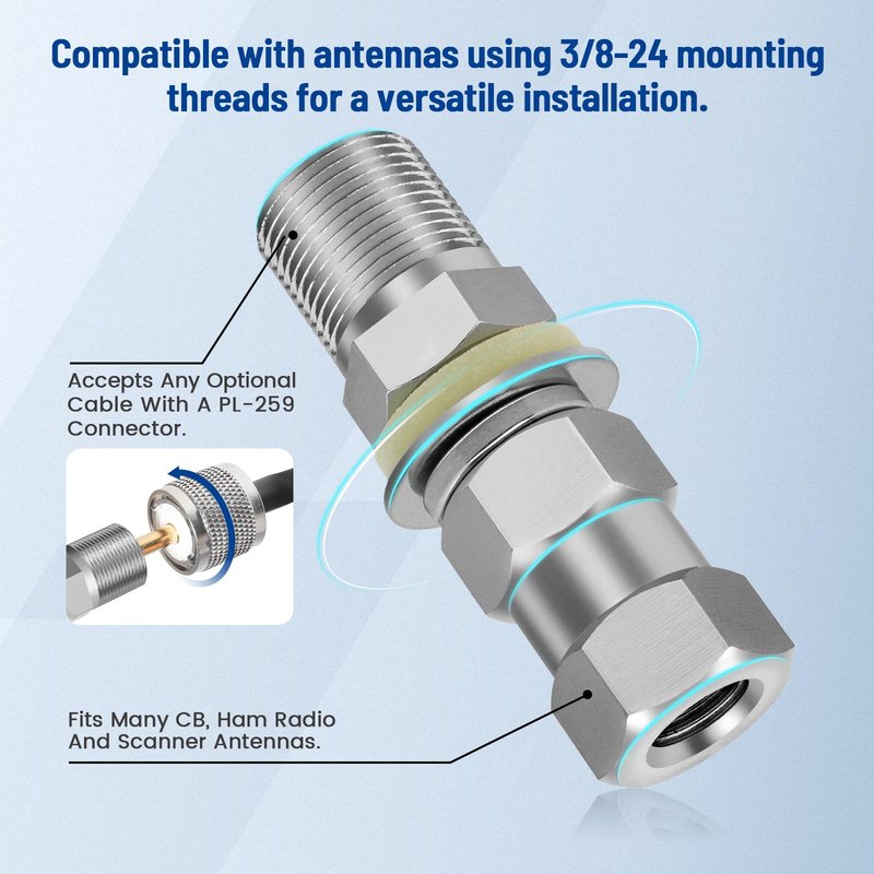 Anina 2pc CB Radio Antenna Stub Mount Heavy Duty SO-239 Stud Mount for CB Radio Antenna Standard 3/8 X 24 Threaded