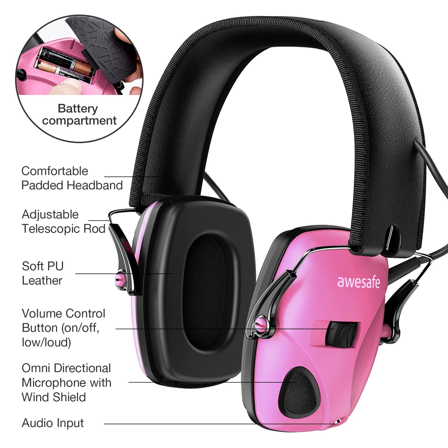 awesafe Electronic Shooting Earmuffs Ear Hearing Protection Headphones for Shooter Noise Reduction Sound Amplification (Pink)