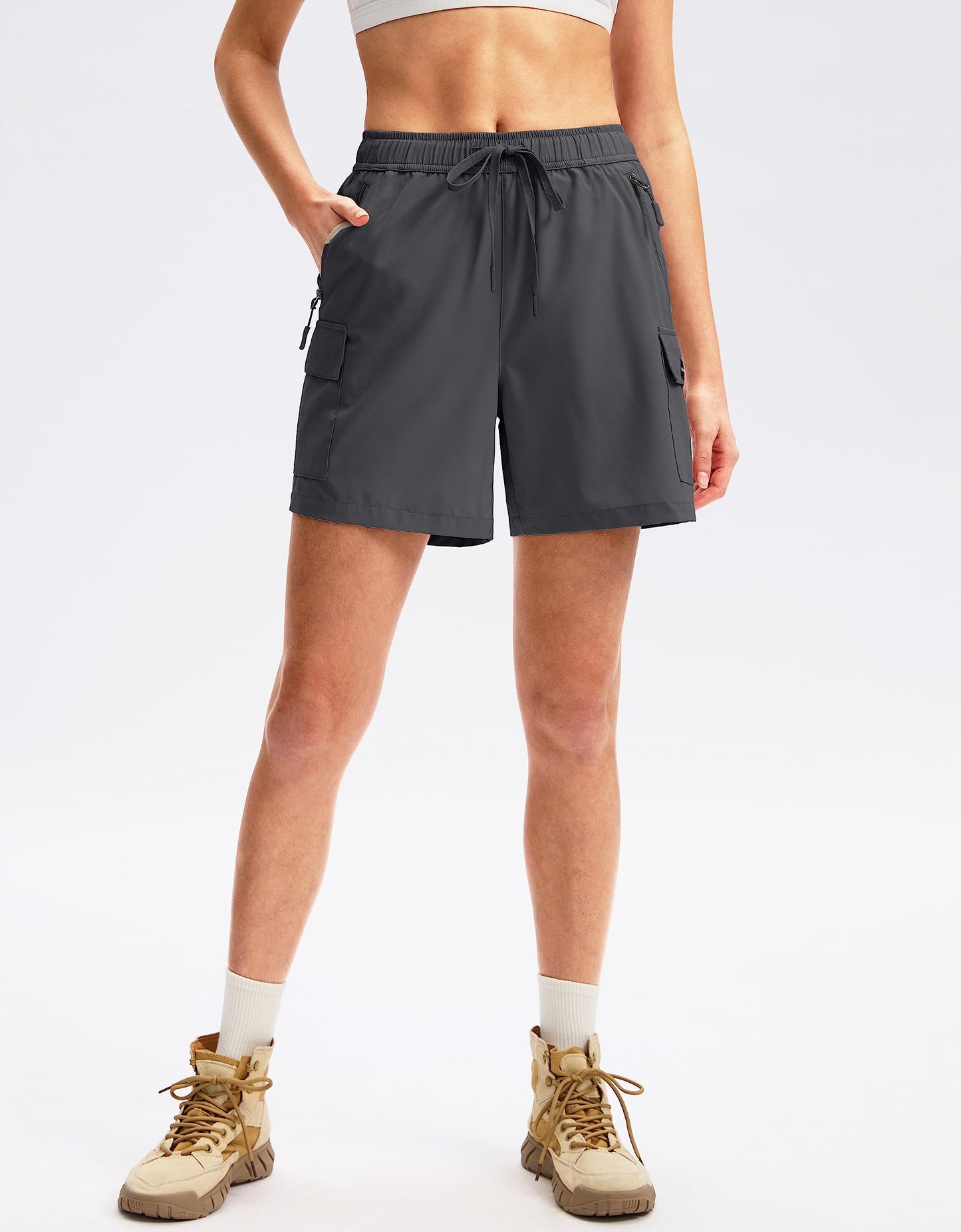 SANTINY Women's 5''/ 7''/9'' Hiking Cargo Shorts Quick Dry Lightweight Summer Shorts for Women Athletic Golf Zipper Pockets(Dark Grey_XXL)