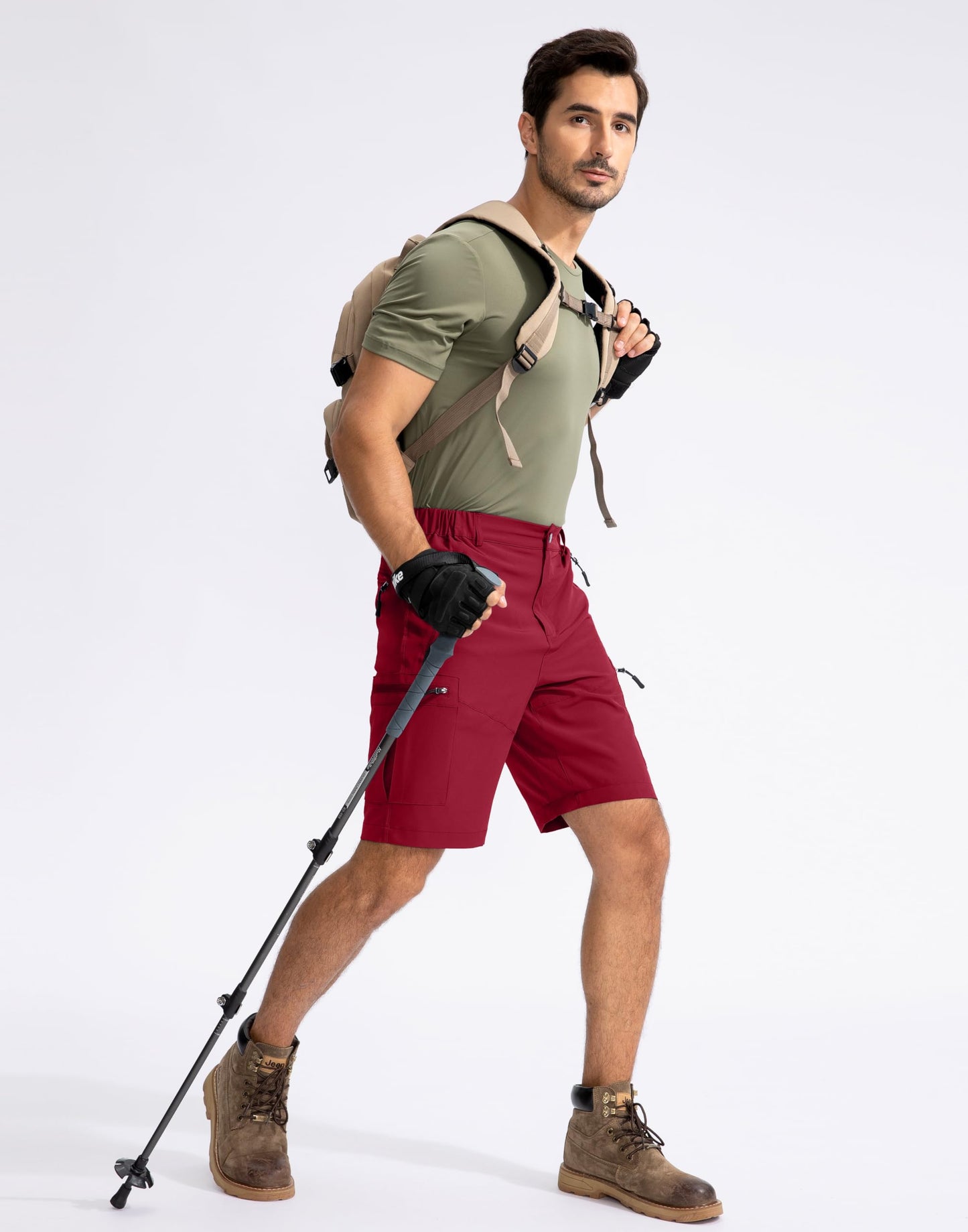 Pudolla Men's Hiking Cargo Shorts 9" Lightweight Outdoor Work Shorts for Men Travel Golf Camping Casual with 5 Zipper Pockets(Red X-Large)