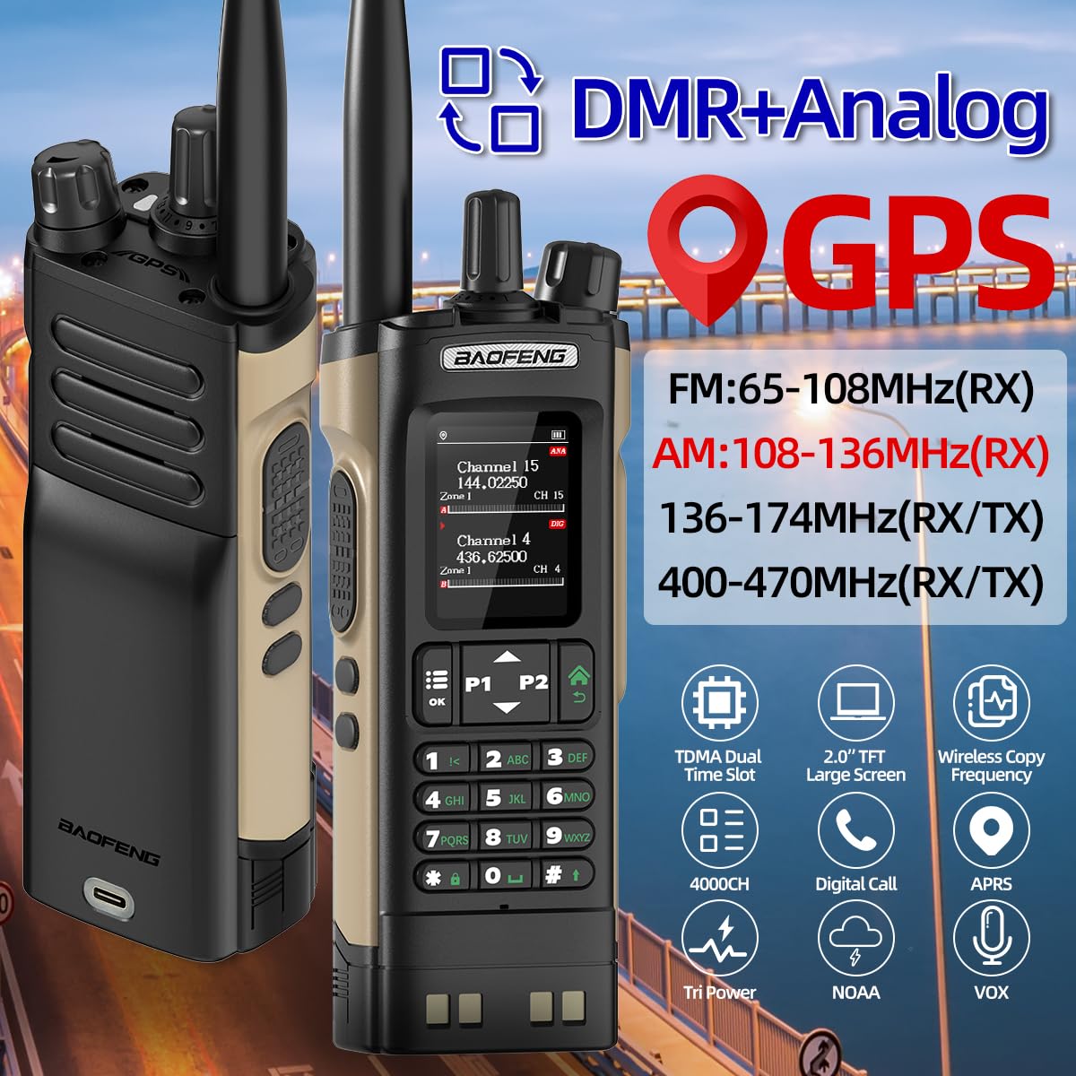 Baofeng DM32 DMR Radio 10W Ham Radio Handheld Rechargeable Walkie Talkies Long Range DM32UV Two Way Radio NOAA Weather Radio with GPS, Copy Frequency 2500mAh Battery USB-C Charging with Radio Holster