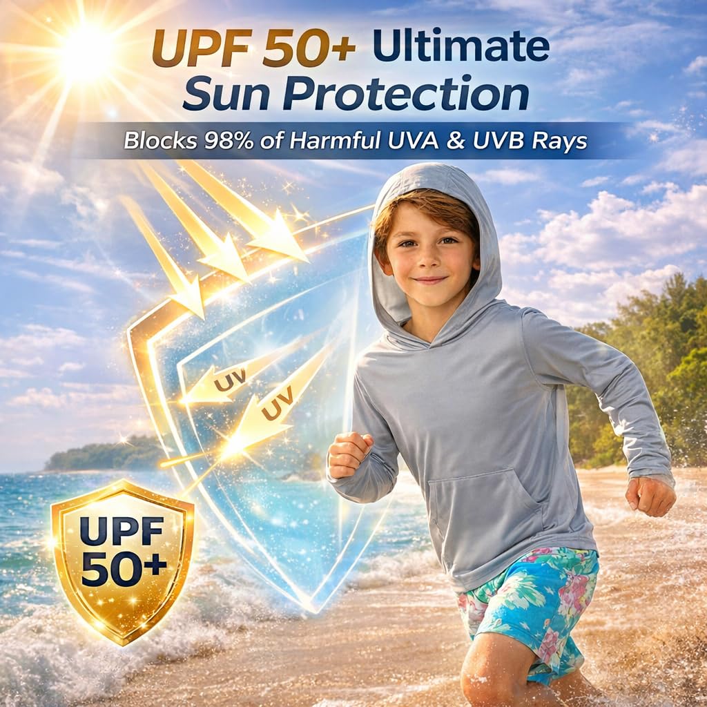 INGEAR Boys' Rash Guard Long Sleeve UPF 50+ UV Protection Swim Shirt, Hooded Sun Shirt, Quick Dry Fishing Shirt for Kids (US, Alpha, Medium, Turquoise Sea)