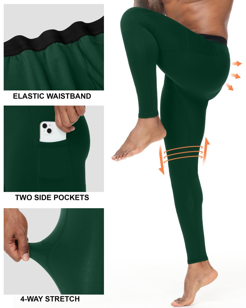 RIKUAOU Men's Thermal Pants Long Johns, Fleece Lined Compression Tights Leggings with Pockets, Ski Running Base Layer Bottoms Dark Green