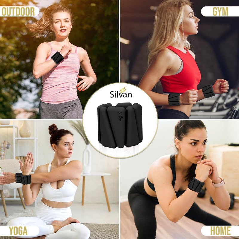 SILVAN Black Adjustable Wrist & Ankle Weights – 1lb Each | Silicone Weighted Bangles for Women & Men | Non-Slip Fitness Accessories for Walking, Yoga, Pilates, Barre & Home Workouts
