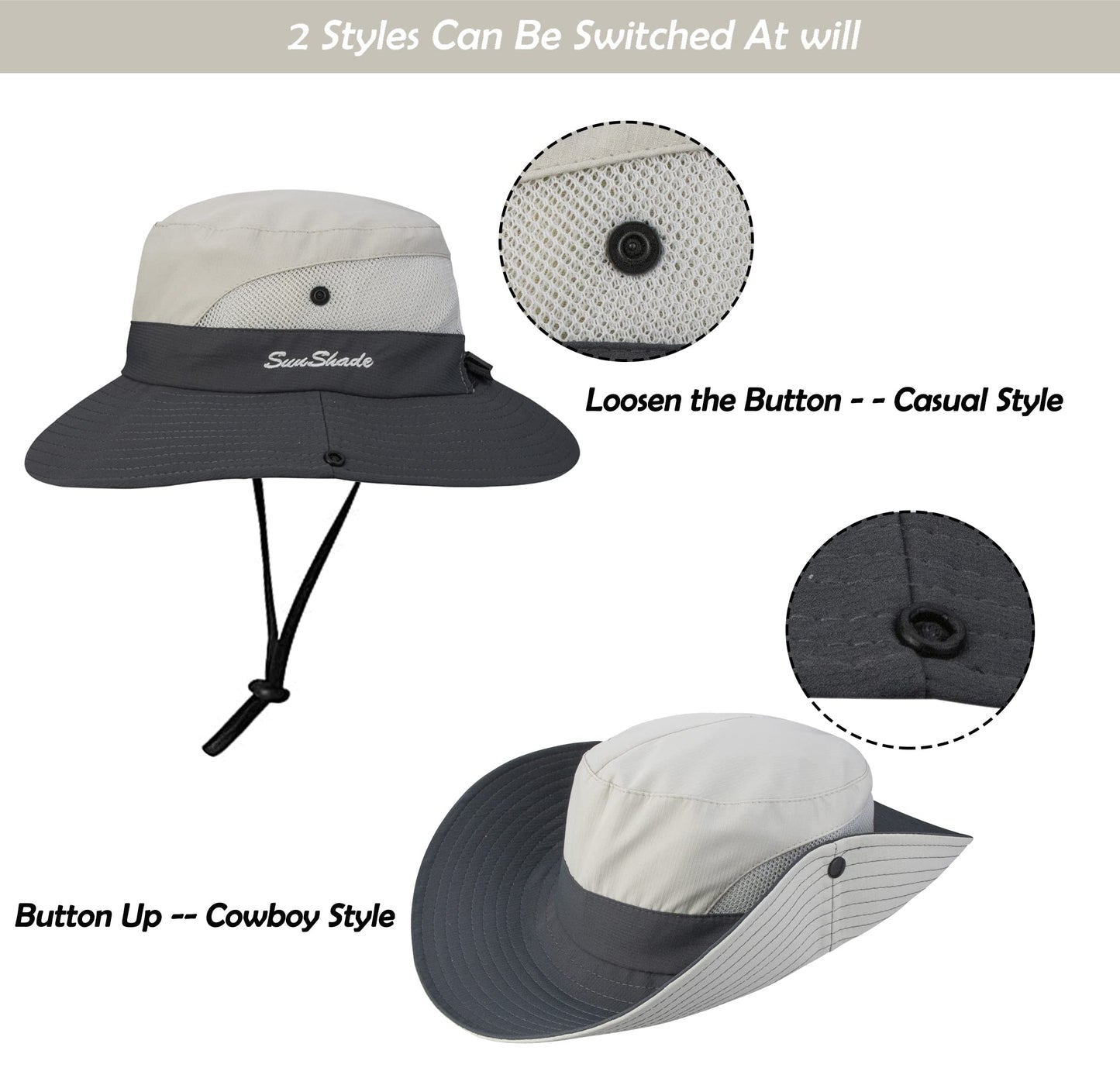 Women's Outdoor UV-Protection-Foldable Sun-Hats Mesh Wide-Brim Beach Fishing Hat with Ponytail-Hole Beige/Grey
