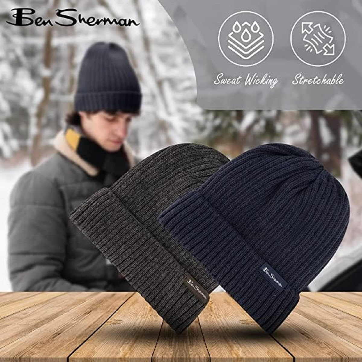 Ben Sherman Plush-Line Rib Knit Mens Hats - Cuffed Winter Hat with Fur Lining - 2 Pack Warm Beanie Hat, Khaki/Navy