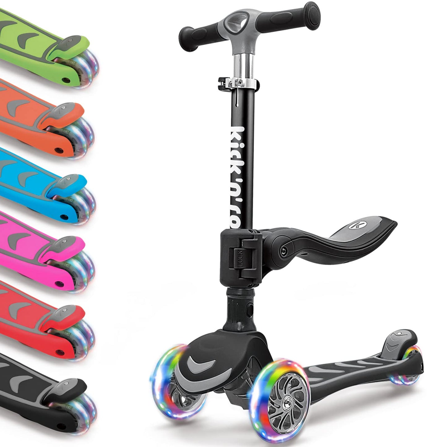 Kicknroll Kids Kick Scooter 2-in-1 Light Up 3 Wheel Scooters with 4 Levels Adjustable Handlebar, Folding Seat, Extra Wide No-Slip Deck for Girls Boys Ages 3-8 Years Old Max 110 Lbs
