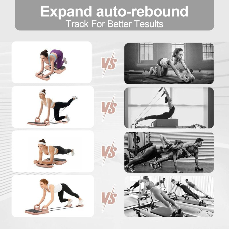 Multifuncional Pilates Board & Push Up System with Timer, Ab Wheel & Core Sliders, Portable Home Gym Kit with Resistance Ropes & Plank Support, Full Body Workout for Women & Men (Simulates Reformer)