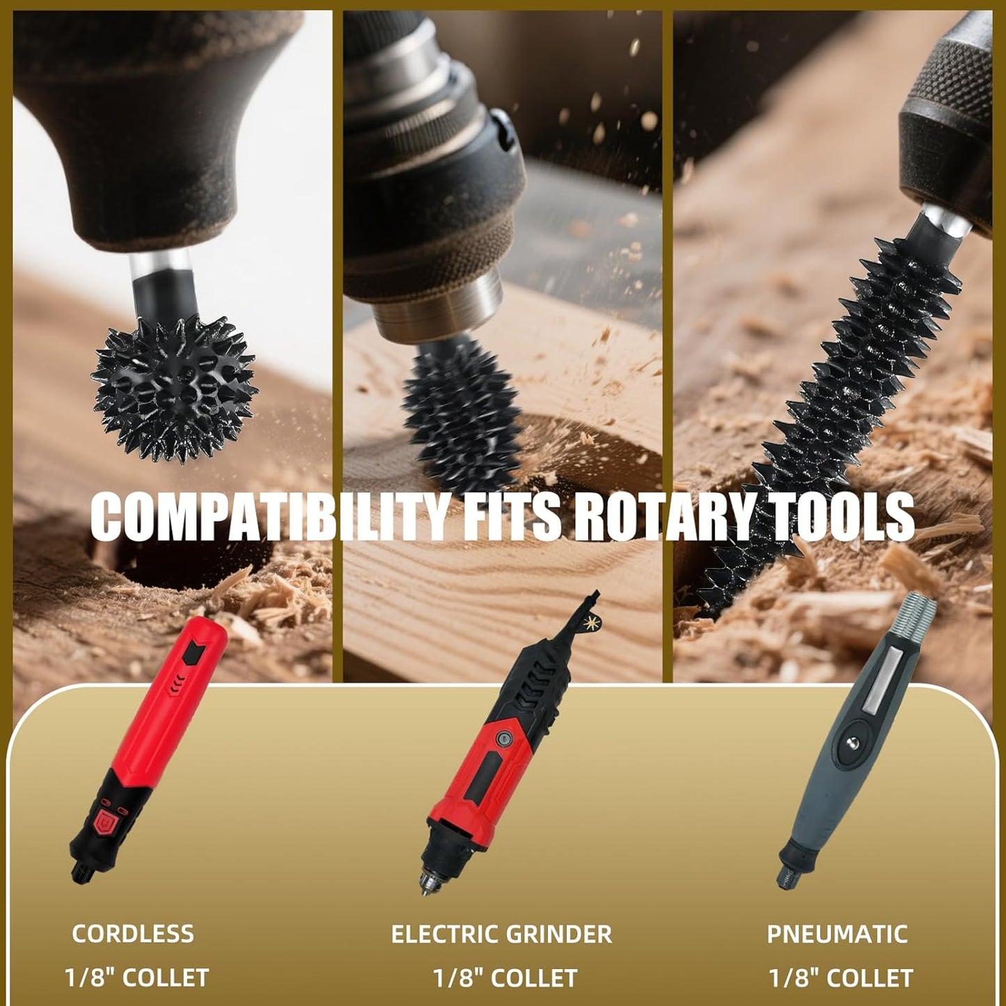 Carbide Rotary Burr Kit - 3-Piece Wood Carving Set | 1/8" Shaft Coarse Bits for Dremel & Rotary Tools