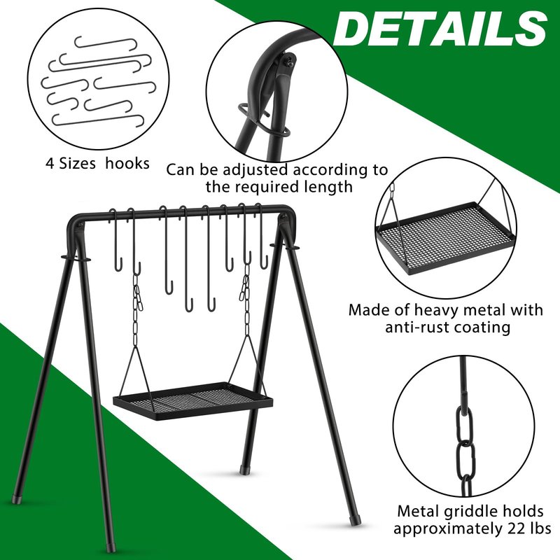 Rossesay Campfire Swing Grill Stand Adjustable Campfire Cooking Equipment Camping Accessories Cookware Hanging Rack with 8 Hooks and Portable Grill Stand for BBQ Picnic Outdoor Party(Normal Tray)