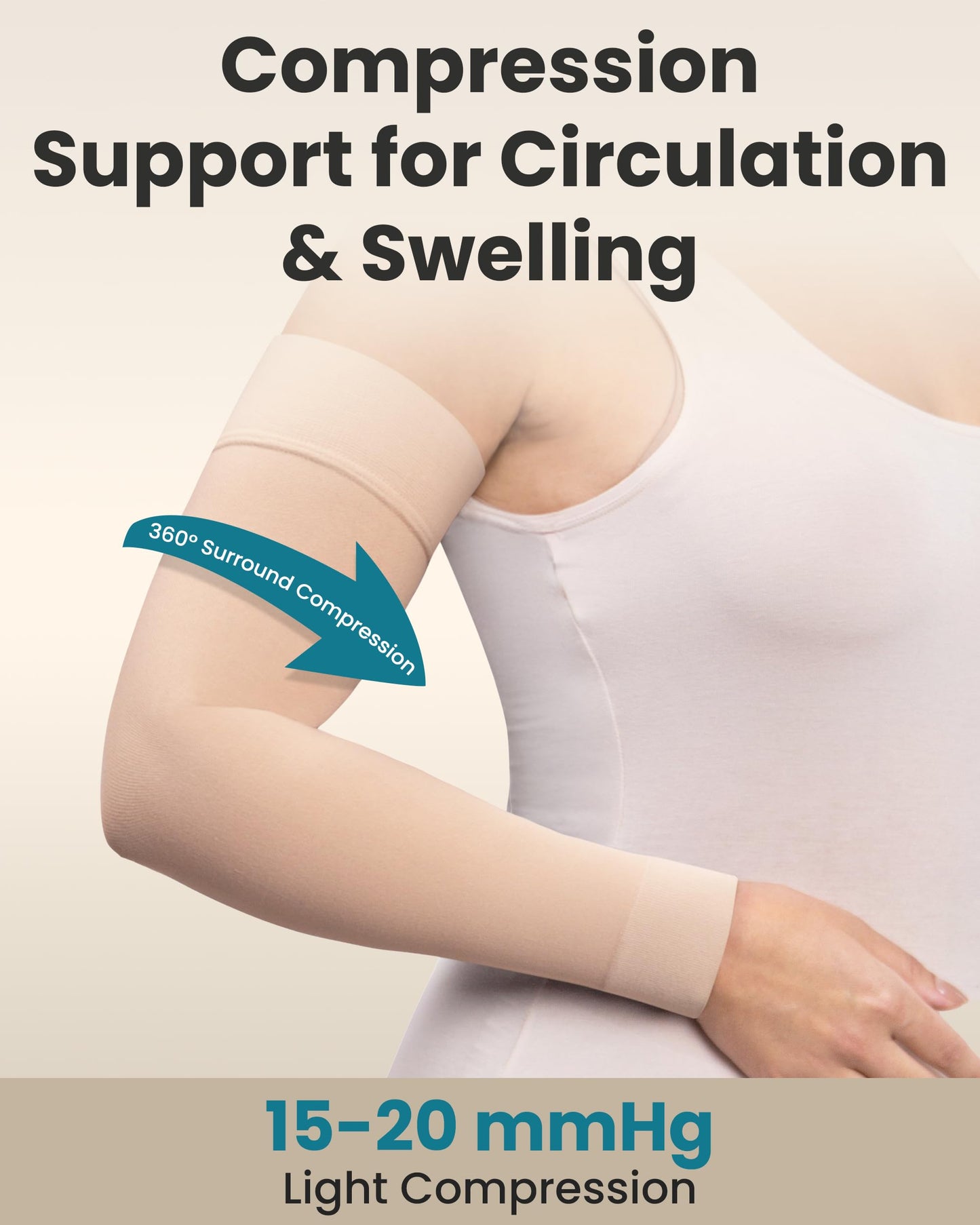 KEMFORD Compression Lymphedema Arm Sleeves for Women – 15-20 mmHg, Silicone Grip, 1 Pair, Beige, S/M – Medical Full Arm Support for Swelling, Circulation & Edema