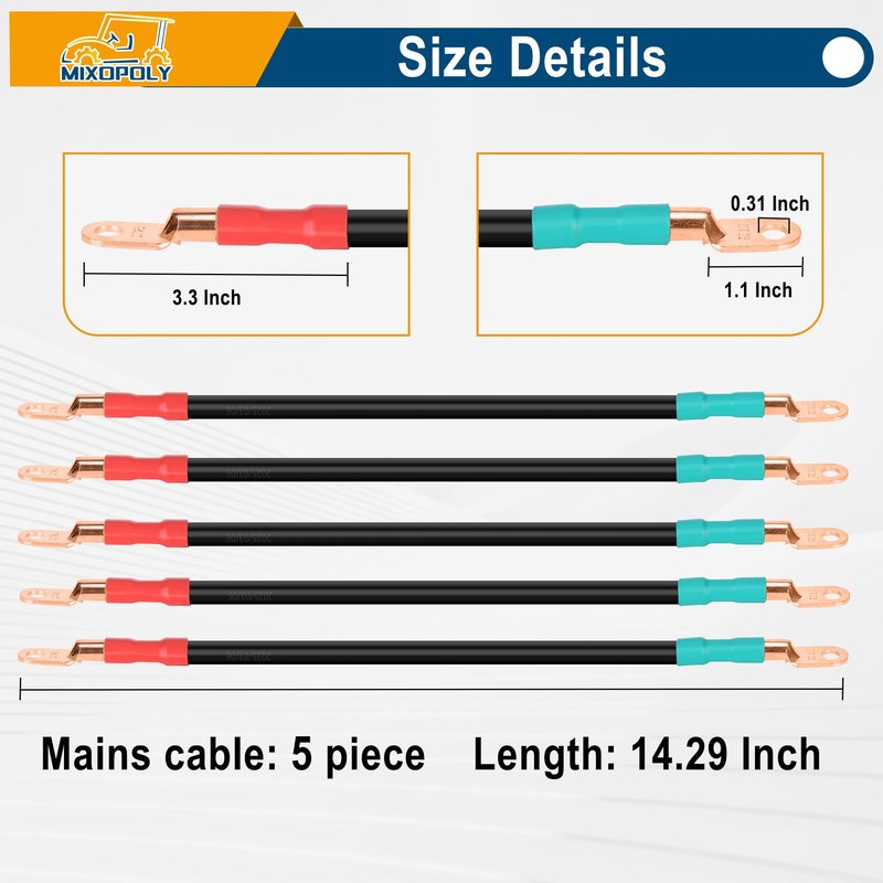 Mixopoly 4 Gauge Golf Cart Battery Cable Kit Replacement for Yamaha G2 G8 G9 36V, G22 48V, Club Car DS 1995+ 48V, Club Car DS 1981+ 36V, Pure Copper AC/DC Battery Wiring Kit (5-Piece Set)