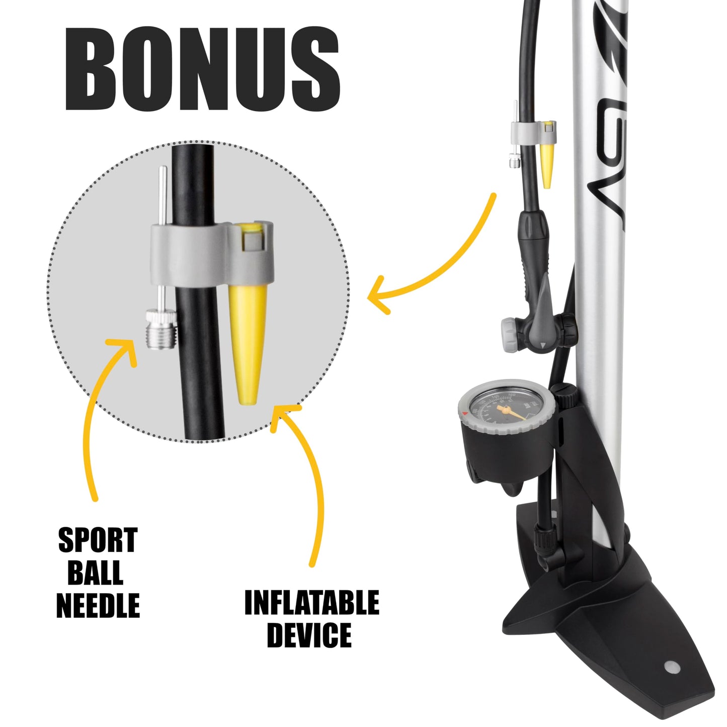 BV Bicycle Pump Durable Bike Floor Pump 17/24 inch Smart Valve Head, 160 psi, Automatically Reversible Presta and Schrader (Regular - Silver)