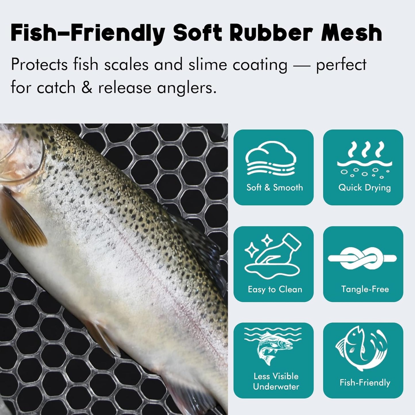 Fly Fishing Landing Net - Carbon Fiber Trout Net with Measurement Handle & Soft Rubber Mesh | 26” Standard / 37” Long