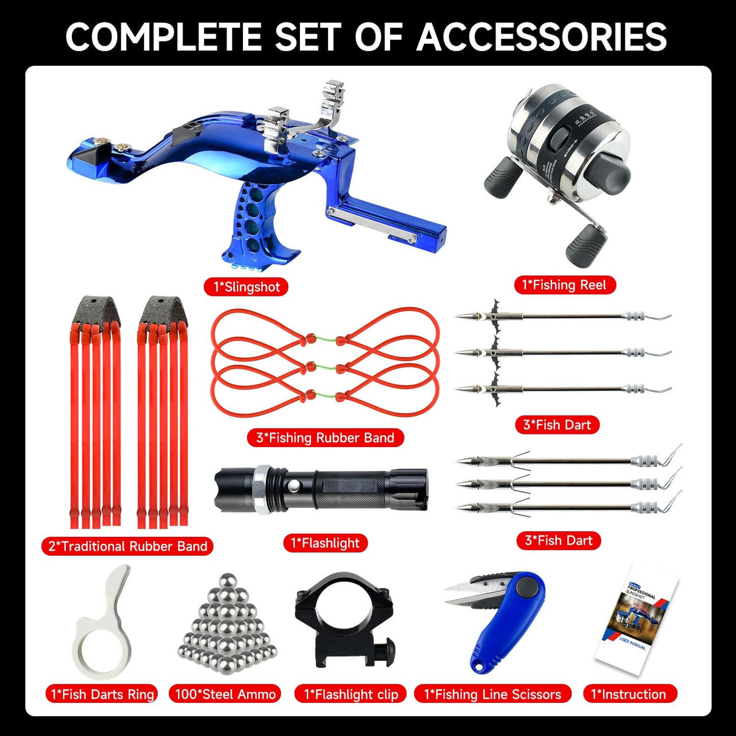SQLWYLAT Slingshot, Professional Fishing Slingshot Kit with Reel Fish Dart Finger and 6 Fishing Darts, Dual Purpose Slingshot for Hunting with Flashlight and Strong Magnetic