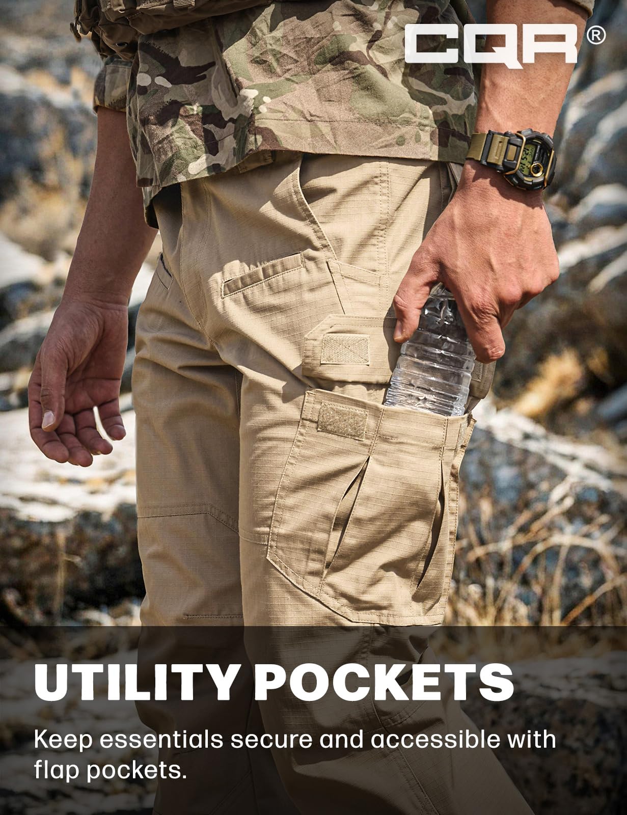 CQR Men's Tactical Pants, Water Resistant Ripstop Cargo Pants, Lightweight EDC Work Hiking Pants, Outdoor Apparel, Raider Khaki, 36W x 36L