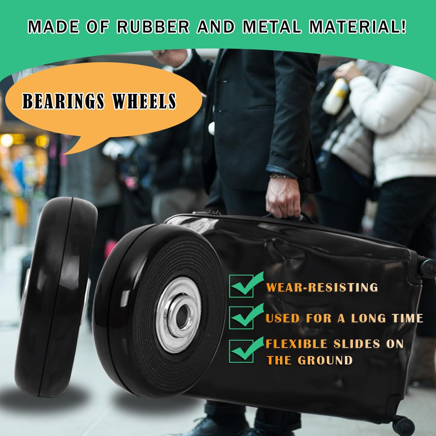 Luggage Suitcase Replacement Wheels 2.13inch(54mm) Diameter 8 Pcs 0.55inch(14mm) Thickness Wheel with 3 Sizes Axle Wear-Resistant Mute Rubber Swivel Caster Repair Kits for Trolley Bag Travel Box