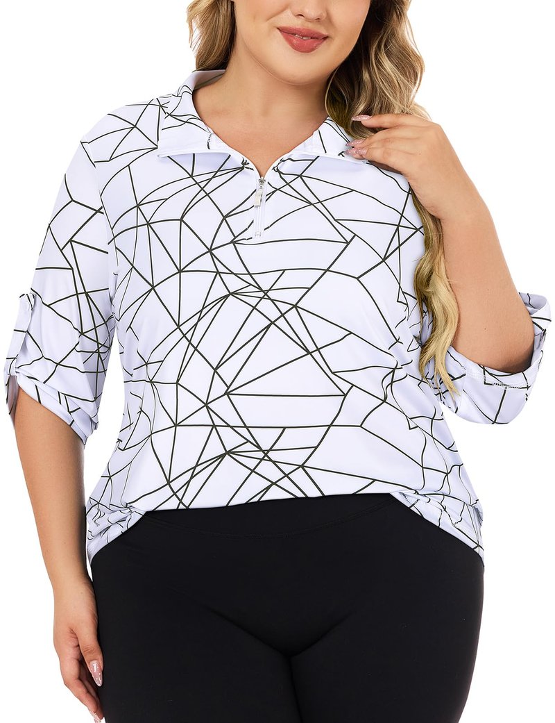 Koscacy 3/4 Sleeve Plus Size Golf Top Women, Quarter Zip Quick Dry Polo Shirt Loose Fit V-Neck Solid Tennis Half Sleeve Tops for Run Badminton Daily Casual Wear Blue