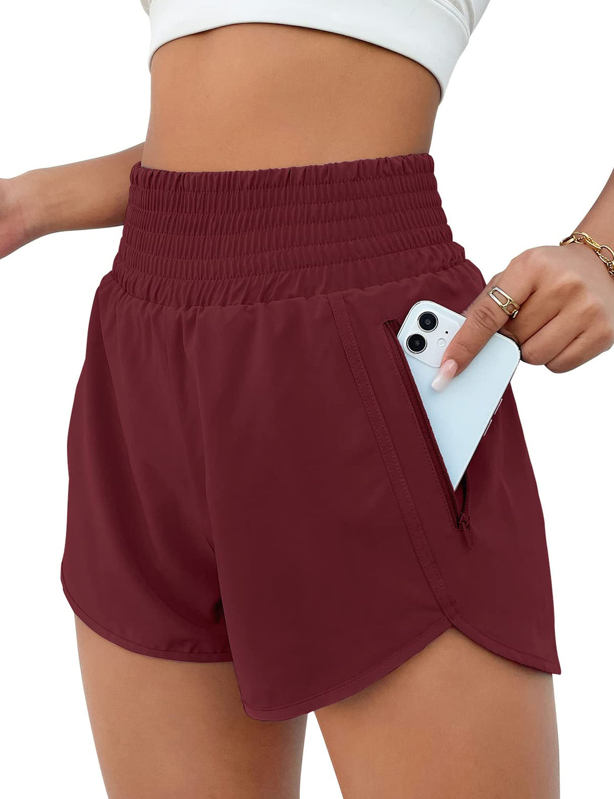 BMJL Women's Athletic Shorts High Waisted Running Short Pocket 2.5" Sporty Shorts Gym Elastic Workout Shorts(M,Wine Red)