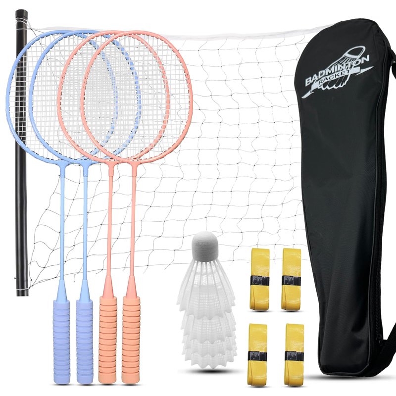 Magicorange Badminton Rackets Set of 5 for Outdoor Backyard Games, Including 4 Racquets,4 Shuttlecocks, 4 Replacement Grip Tapes,1 Badminton net & 1 Carry Bag (Pink + Purple)