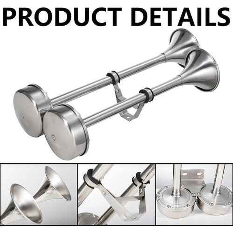 AOLIHAN 150db Boat Horn Deluxe: 12V Dual Horn Trumpet Upgrade - Polished Stainless Steel Marine Horns with Low & High Tones, Featuring Adjustable Horn Support（Upgraded Pair of Horns）