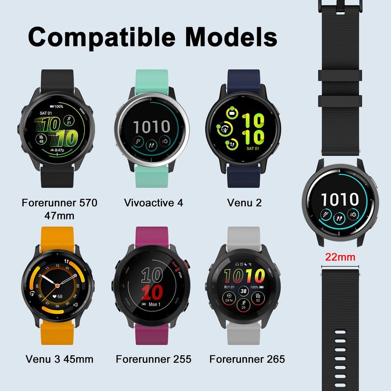 ISABAKE Watch Band for Garmin Vivoactive 4/Venu 3 45mm/Venu 2/Forerunner 265/Forerunner 255, 22mm Quick Release Silicone Replacement Strap
