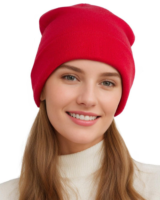 Womens Satin Lined Beanie Wool Knit Cuffed Warm Winter Hats for Women Men Soft Slouchy Silk Lining Beanies Skull Cap Red