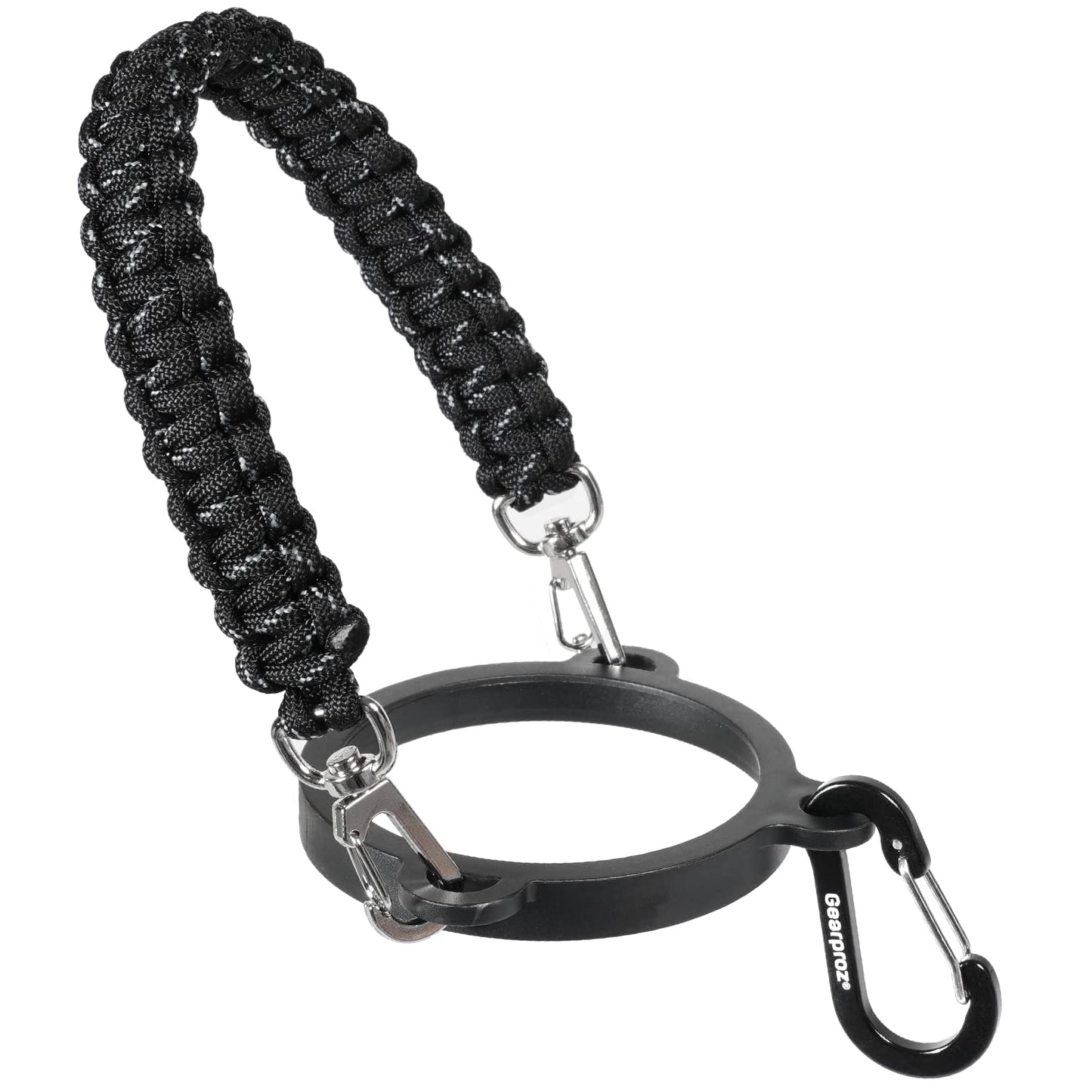 Gearproz HydroCord 2.0 Handle with Wide Mouth Ring and Carabiner, Compatible with 12-40 oz Water Bottles, Hydroflask 1.0, Iron Flask, Thermoflask, NOT for Lid with Loop (Black)