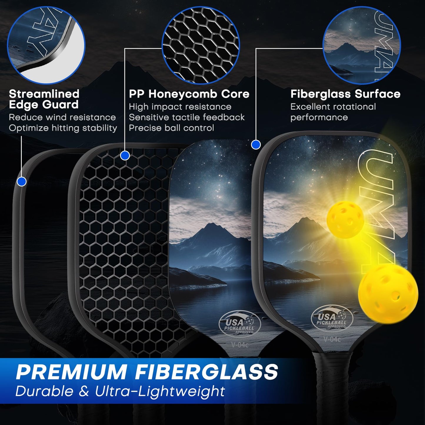 USAPA Approved Tournament-Grade Pickleball Paddle with PP Honeycomb Core for Precision Control, Enhanced Spin & Power, Lightweight Pickleball Set with Cover & Overgrip for Men Women Beginners