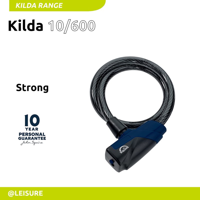 Squire Heavy Duty Bikelock (Kilda 10/600 Cable Lock) - Weatherproof keyed Lock with 10mm Thick Cable for Low to mid Security - 10mm Diameter and 600mm Length