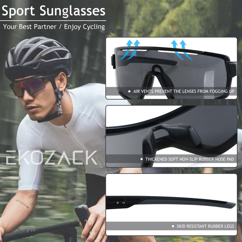 EKOZACK Cycling Sunglasses for Men Women Big Large Driving Fishing Mountain Bike Baseball Sun Glasses Black Shades