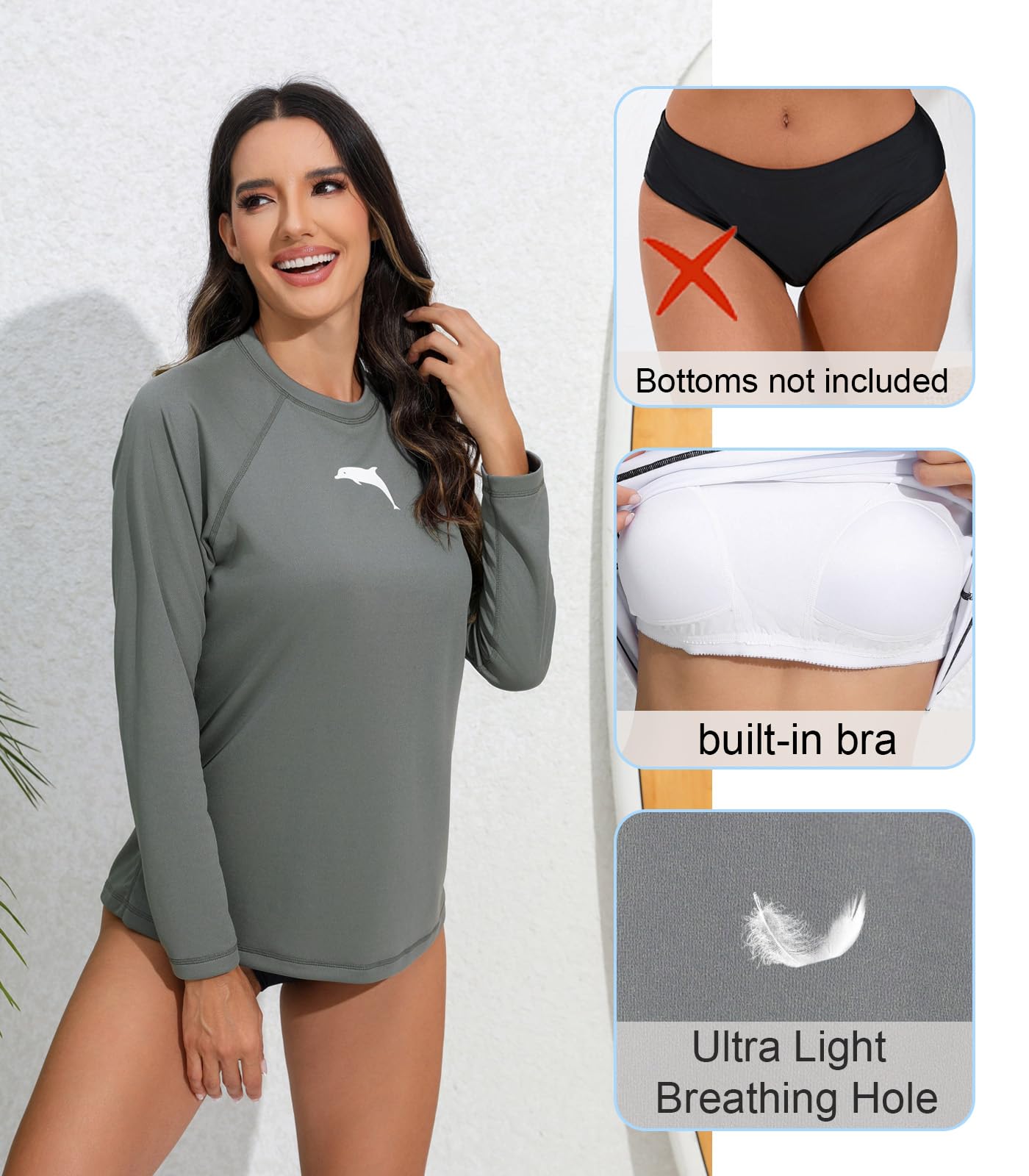 Halcurt Women's Long Sleeve Rash Guard Swim Shirt with Built in Bra Lightweight UPF50+ Quick Dry Swimsuit Top Grey L