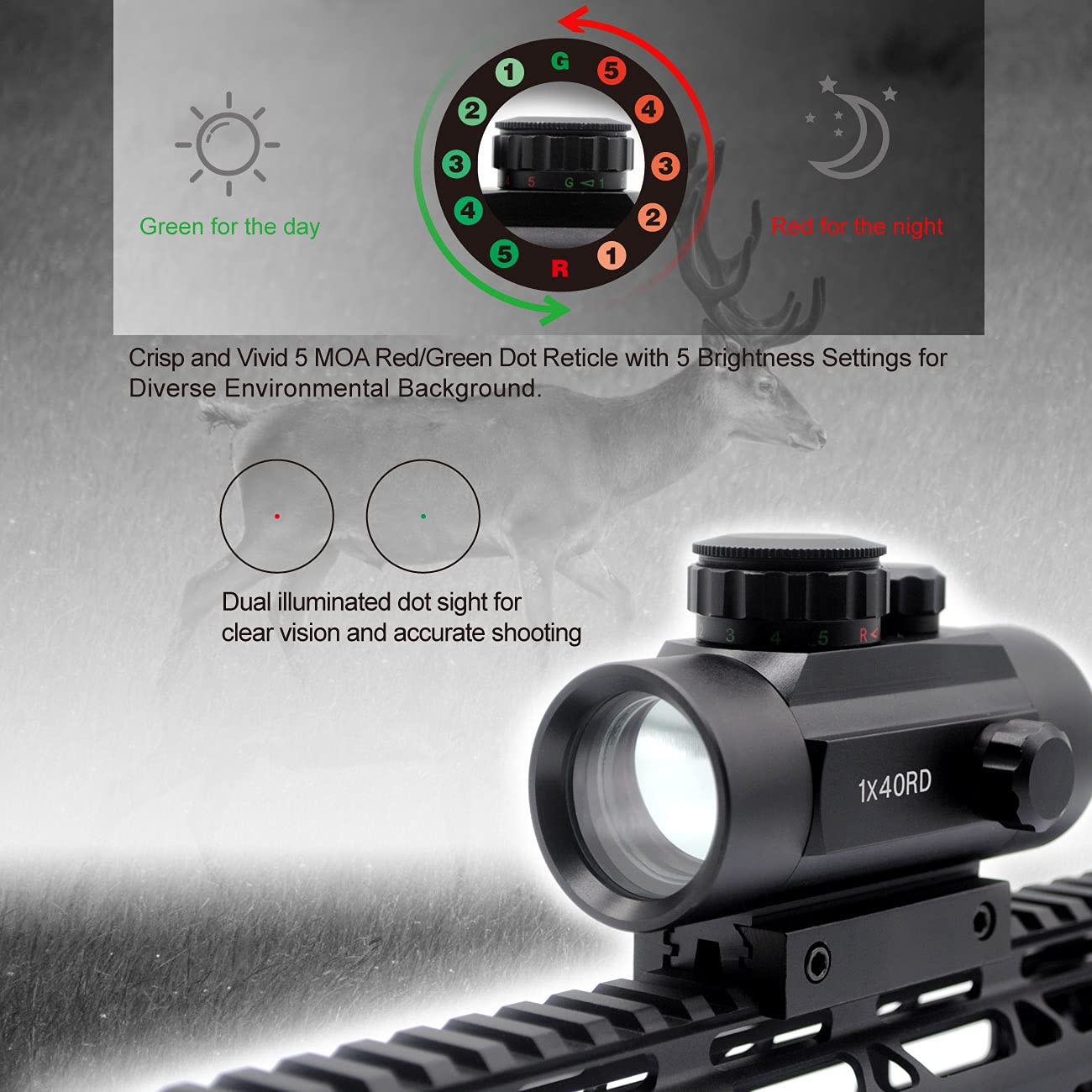 GOODTAC Red Green Dot Tactical Reflex Sight 1x40 5 MOA with 20mm Picatinny Mount Rail
