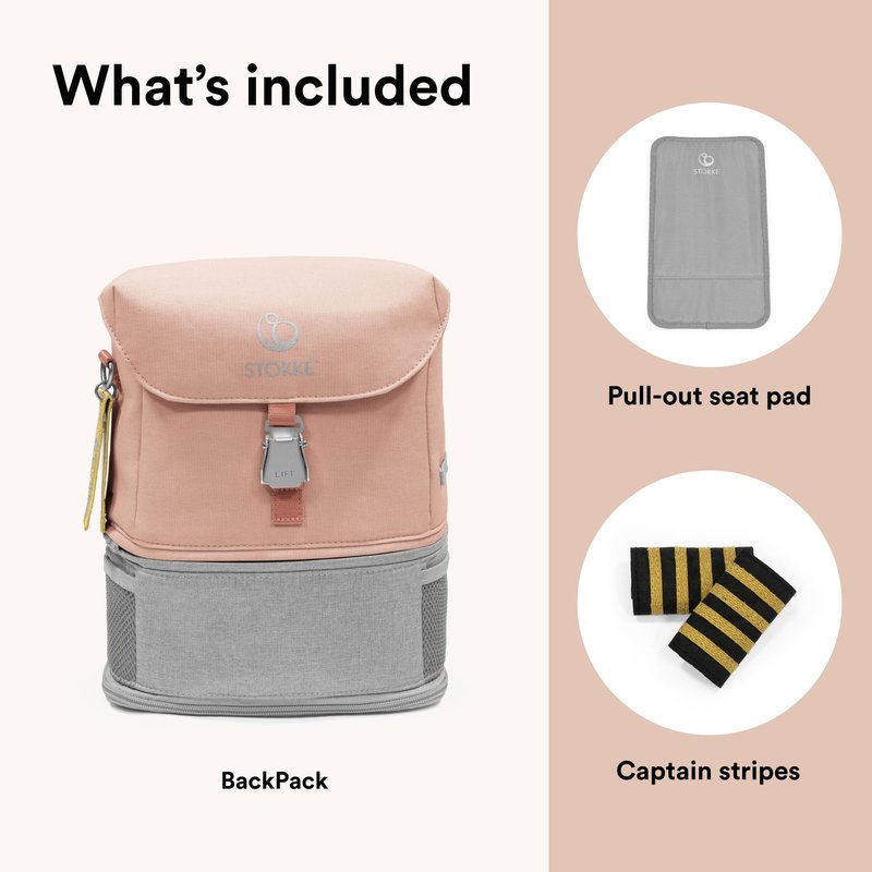 Stokke JetKids BackPack, Pink Lemonade - Expandable Design for Kids 2-7 Years Old - Easy-to-Clean, Water Repellent Fabric - Includes Pull-Out Seat Pad, Name Tag & Detachable Captain Stripes