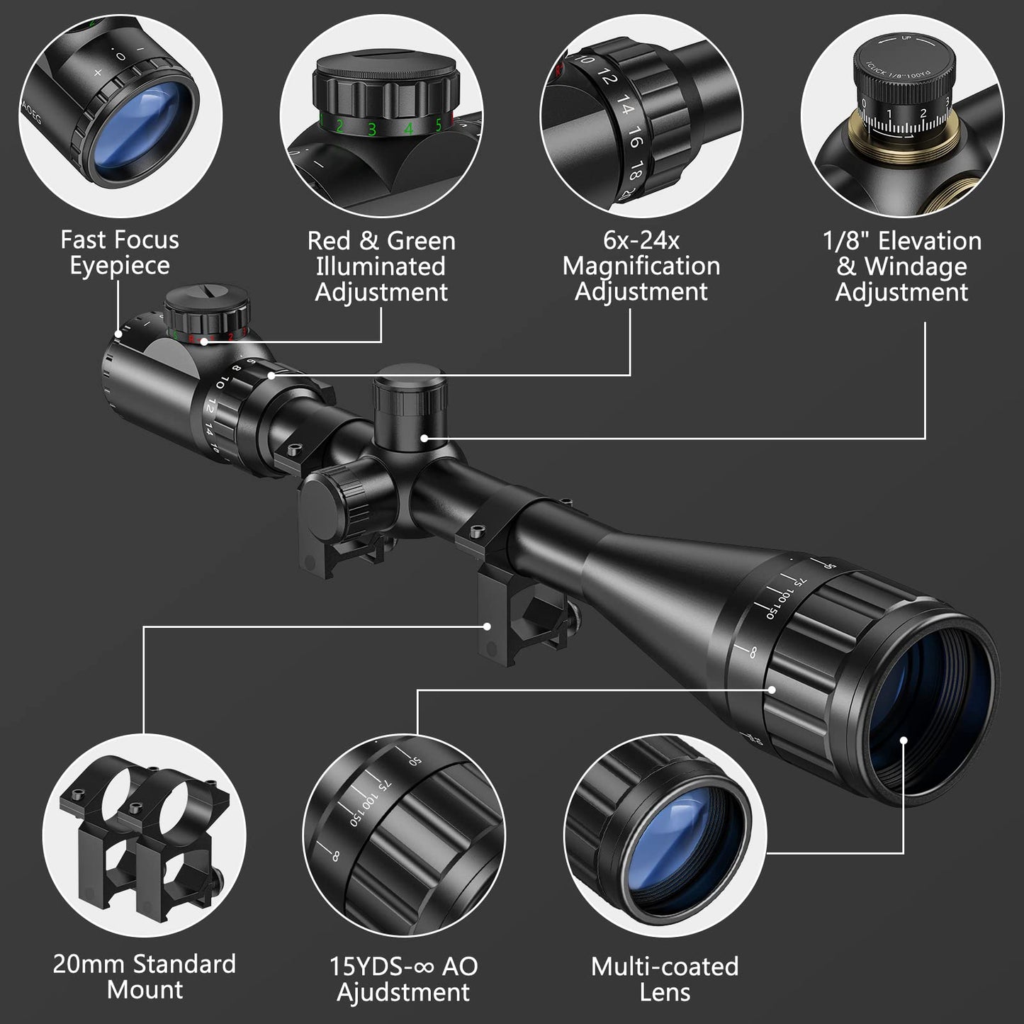 CVLIFE Hunting Rifle Scope 6-24x50 AOE Red and Green Illuminated Gun Scope with Free Mount