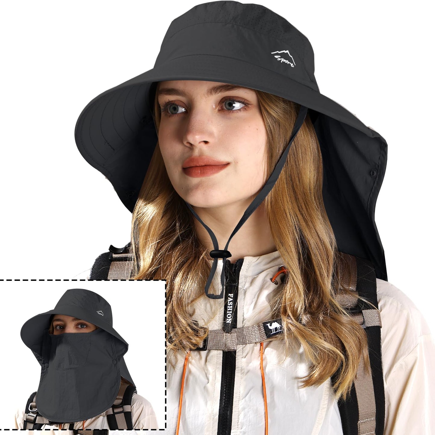 Rosoz Sun Hat for Men Women with Neck Flap,Wide Brim UPF50+ Fishing Hat with Detachable Face Cover Outdoor Sun Protection Hat