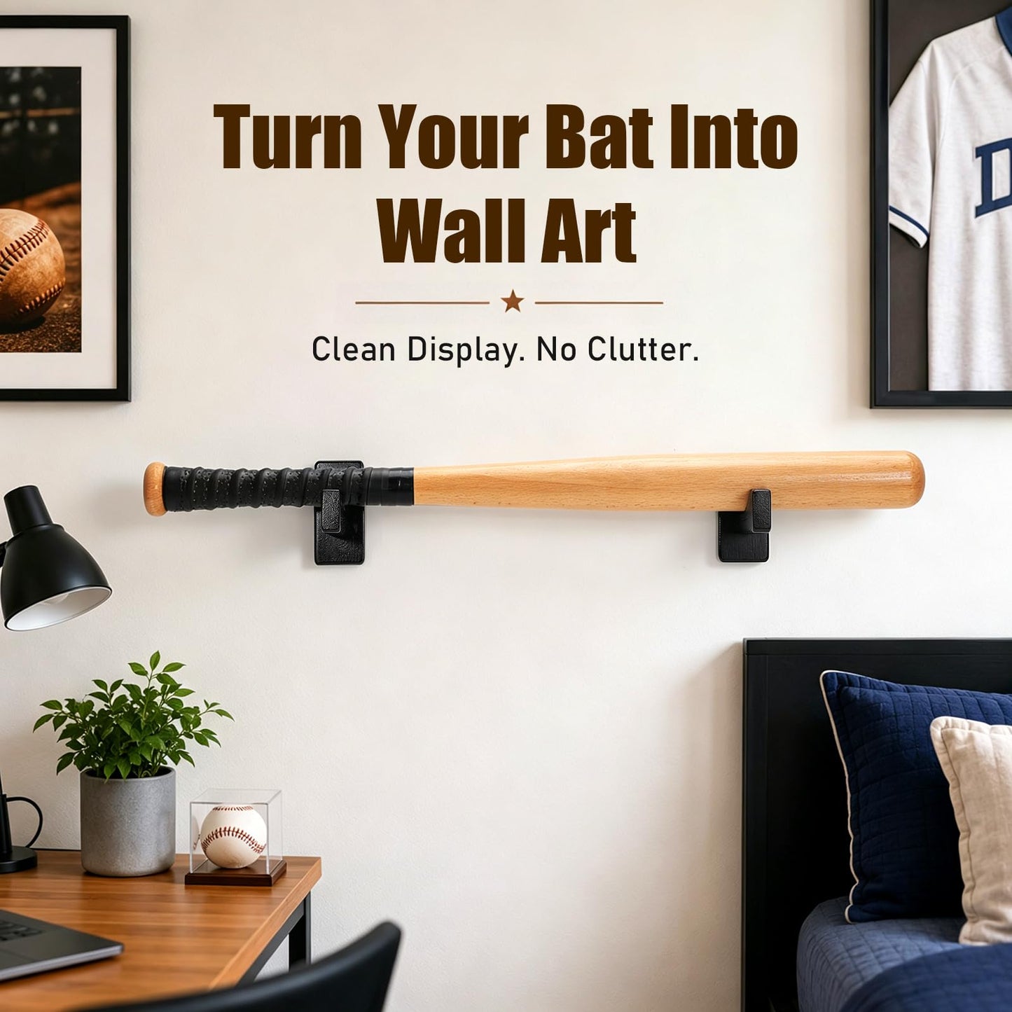 TOBWOLF 2PCS Baseball Bat Display Case, Baseball Bat Hanger Holder, Wall Mount Baseball Bat Horizontal Rack, Baseball Bat Bracket - Black