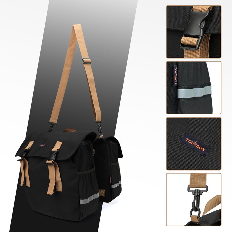 TOURBON Black Bike Bag Panniers 24L Bicycle Rear Rack Saddlebag With Reflective Stripe