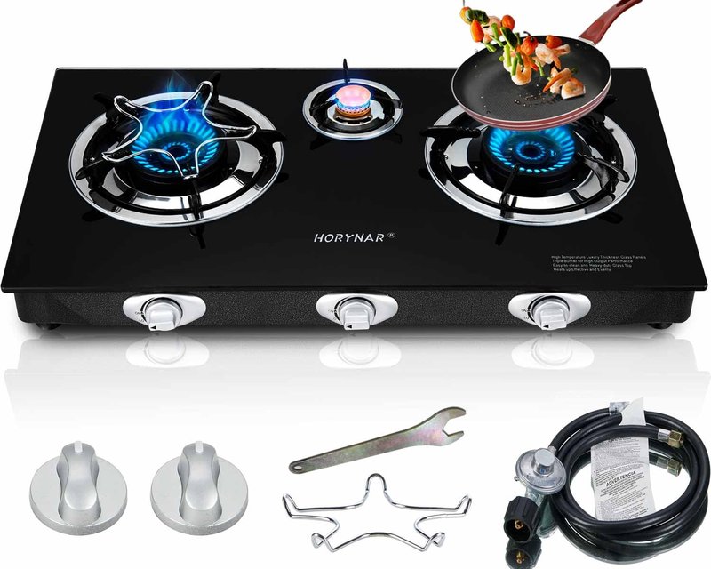 Horynar Propane Stove 3 Burner, Propane Burner, Auto Ignition, Gsa Stove 28,000 BTU,Thickened High-temperature Glass, Easy to Clean, with CSA Hose for Outdoor Cooking, RV, Emergency