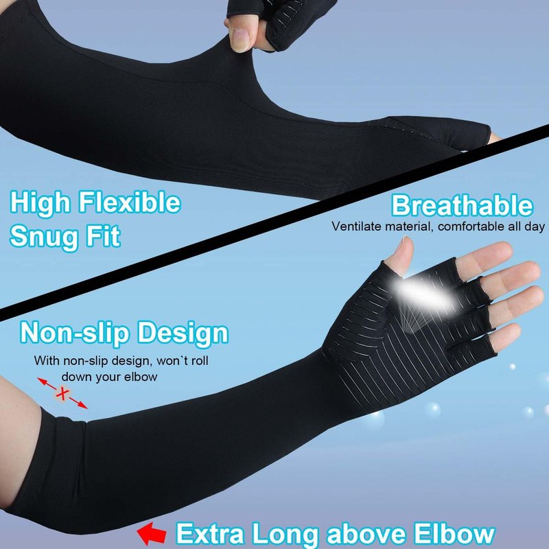 Copper Long Arthritis Gloves,Long Wrist Compression Arm Sleeve Carpal Tunnel Gloves, Fingerless Hand Compression Gloves for Men Women Computer Typing, RSI, Support Hands Wrist &Arms - 1 PAIR (Medium)