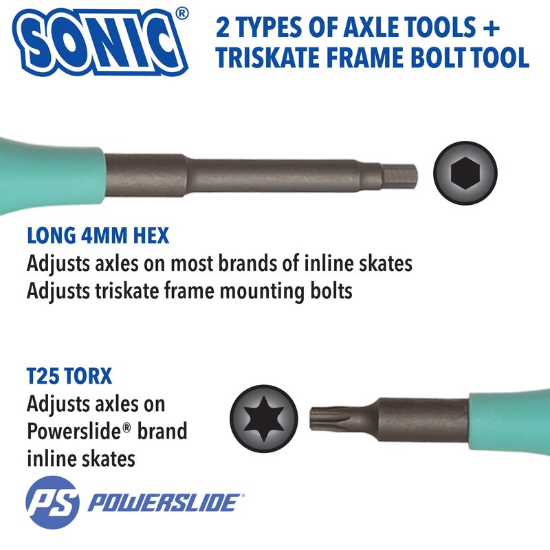 SONIC Pro Inline Skate Tool + H, Long 4mm hex for triskate Frame mounting Bolts, 7 Tools, Rotate Wheels, Remove Bearings, Designed in USA