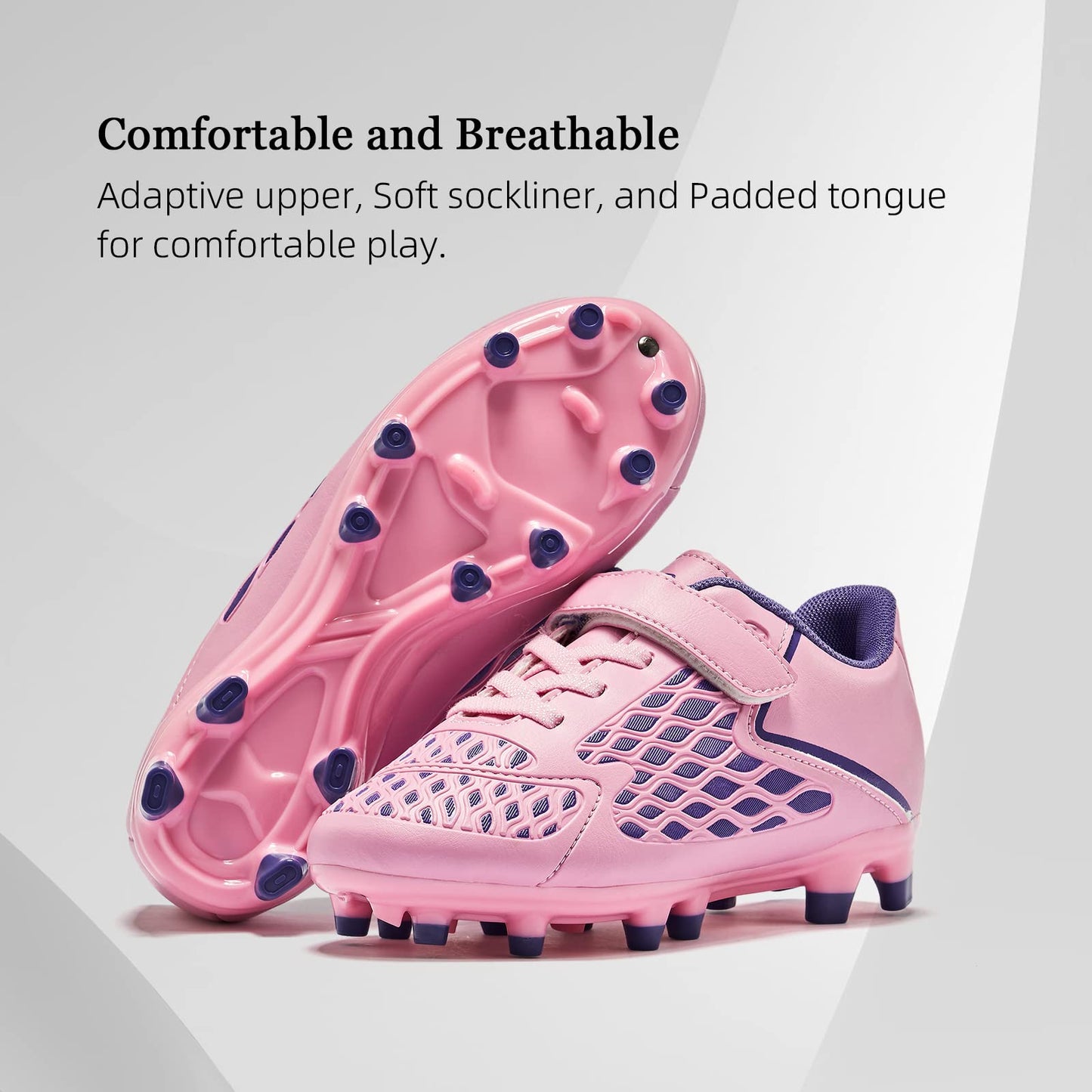 LIGVIV Girls Soccer Cleats - Laceless Kids Football Shoes - Pink and Purple - Outdoor Firm Ground - 12 Little Kid