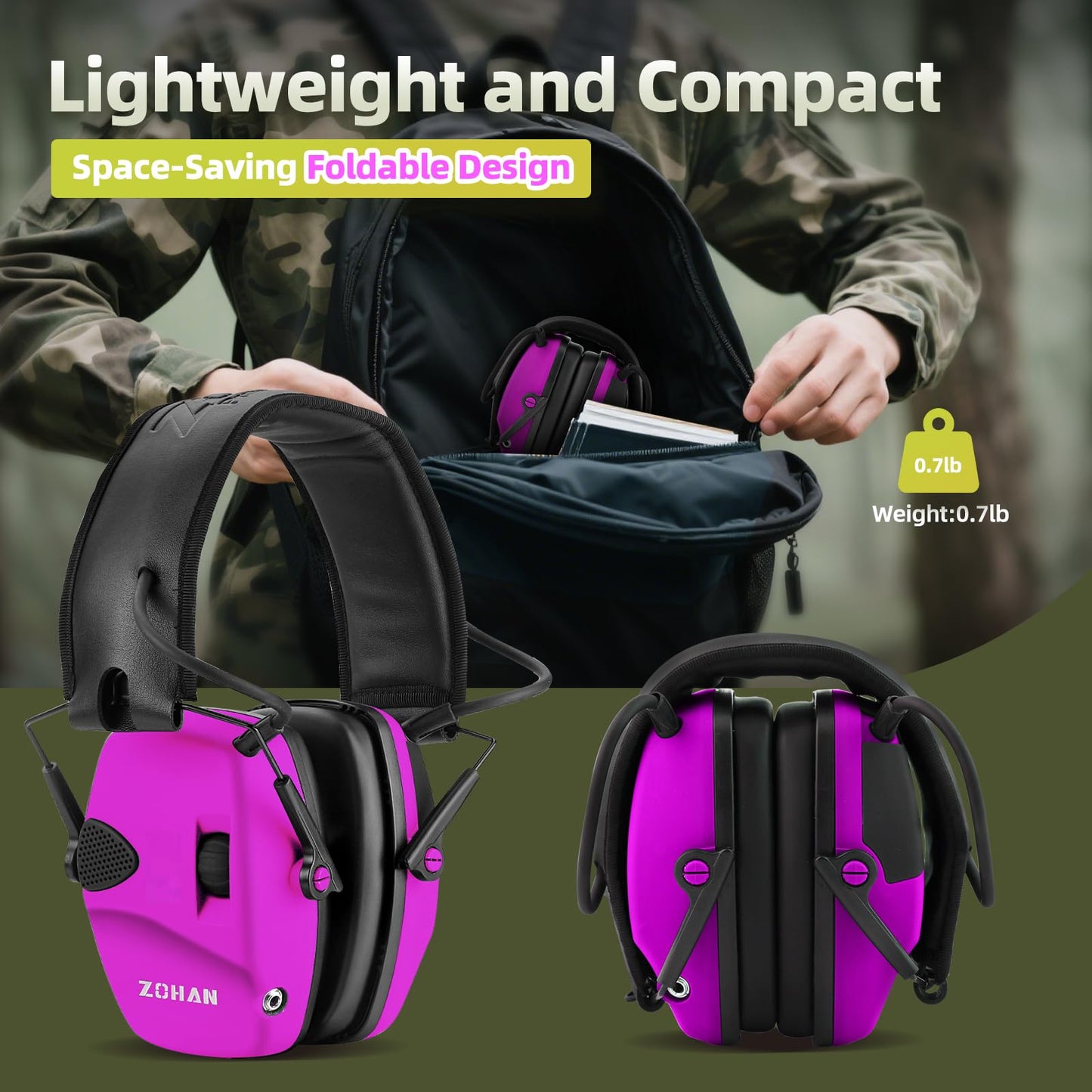 ZOHAN EM054 Electronic Shooting Ear Protection with 4X Sound Amplification 2 Pack,Slim Active Noise Reduction Earmuffs for Gun Range