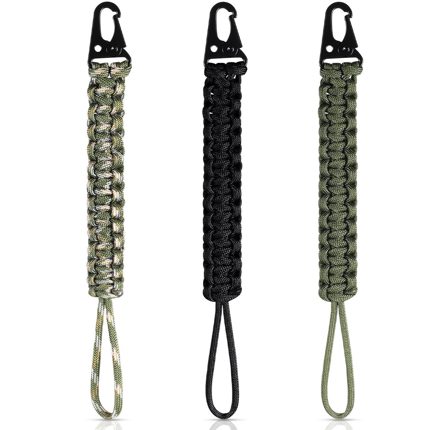 Shappy 3 Pcs Paracord Keychain Weave 550 Paracord 9 Inch Tactical Lanyard Wallet Accessories Camping Fishing Hunting Outdoor (Black, Green, Camouflage Green)