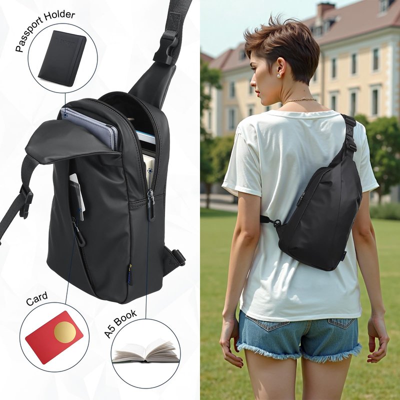 DTGN Small Sling Bag, Waterproof Crossbody Chest Bags Lightweight Daypack for 7.9" Tablet for Men Women, Black