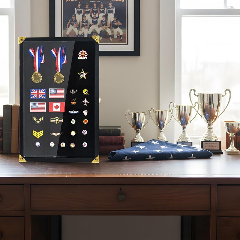 Large Pin Display Case - 25" X 16" with LED Lights & UV Protection | Black Acrylic for Medals & Collectibles